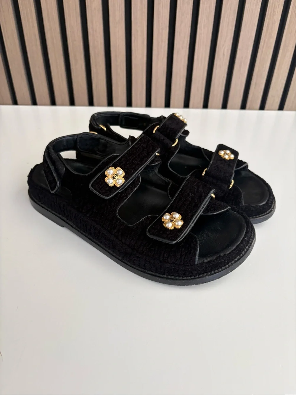 Auth CHANEL Tweed Velcro Dad Sandals